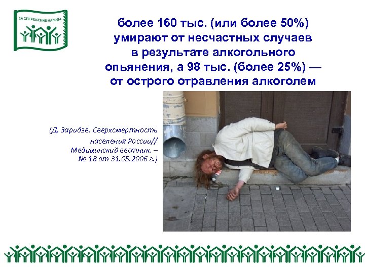  более 160 тыс. (или более 50%) умирают от несчастных случаев в результате алкогольного