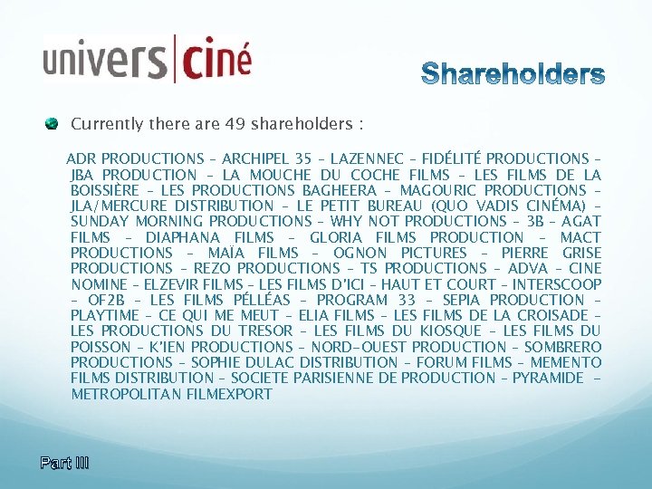Currently there are 49 shareholders : ADR PRODUCTIONS – ARCHIPEL 35 – LAZENNEC –