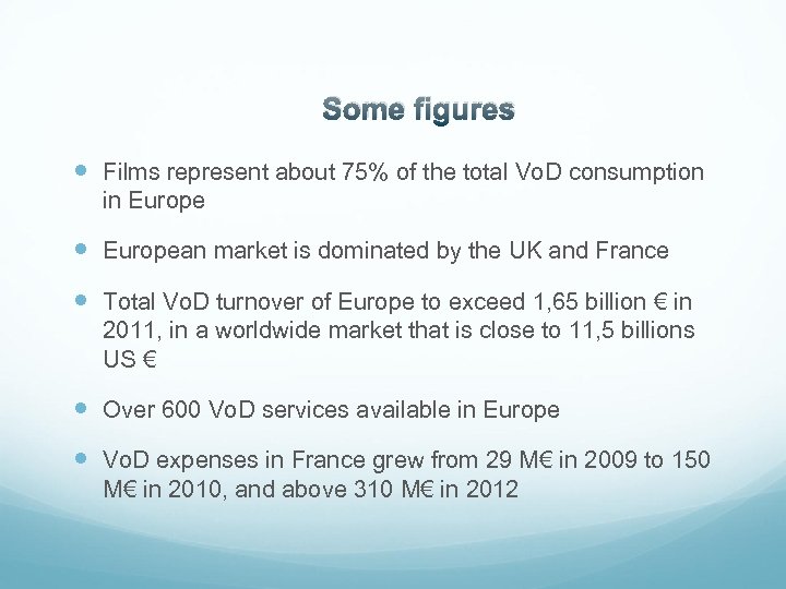 Some figures Films represent about 75% of the total Vo. D consumption in European