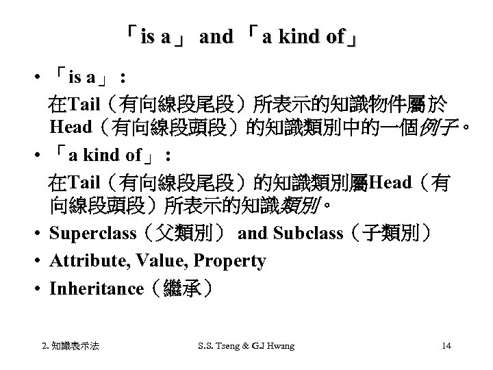 「is a」 and 「a kind of」 • 「is a」 : 在Tail（有向線段尾段）所表示的知識物件屬於 Head（有向線段頭段）的知識類別中的一個例子。 • 「a