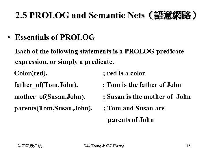 2. 5 PROLOG and Semantic Nets（語意網路） • Essentials of PROLOG Each of the following