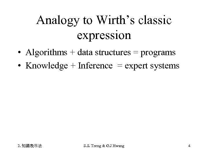 Analogy to Wirth’s classic expression • Algorithms + data structures = programs • Knowledge