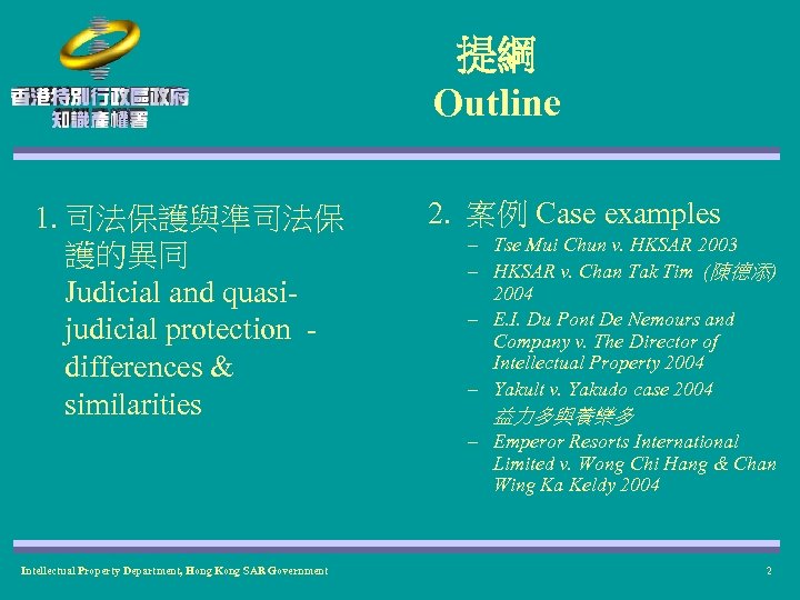 提綱 Outline 1. 司法保護與準司法保 護的異同 Judicial and quasijudicial protection differences & similarities Intellectual Property