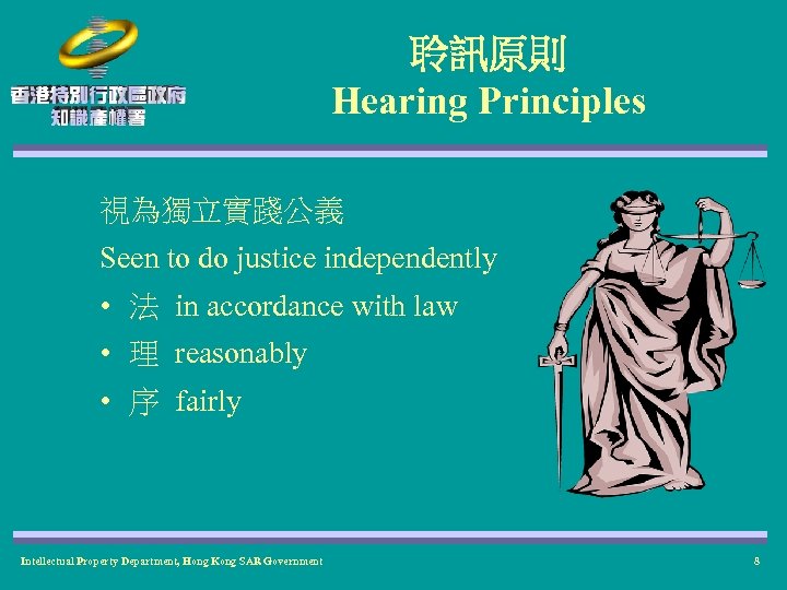 聆訊原則 Hearing Principles 視為獨立實踐公義 Seen to do justice independently • 法 in accordance with