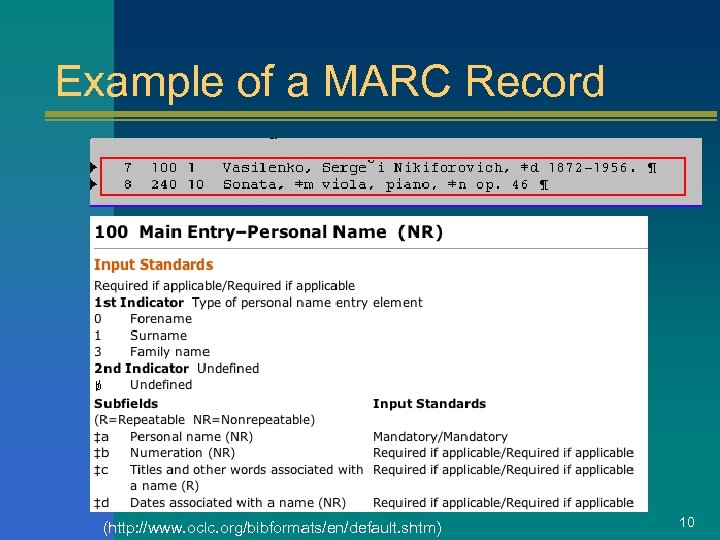 Example of a MARC Record (http: //www. oclc. org/bibformats/en/default. shtm) 10 
