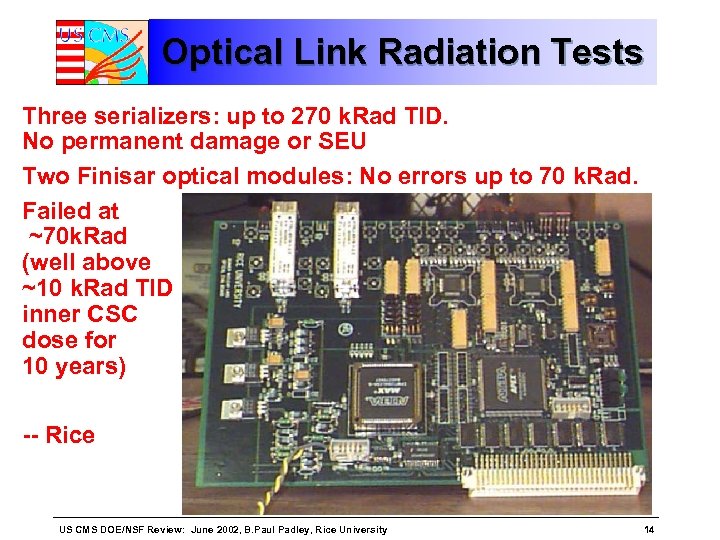 Optical Link Radiation Tests Three serializers: up to 270 k. Rad TID. No permanent