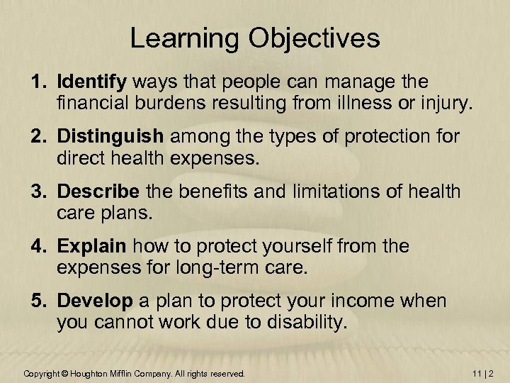 Learning Objectives 1. Identify ways that people can manage the financial burdens resulting from