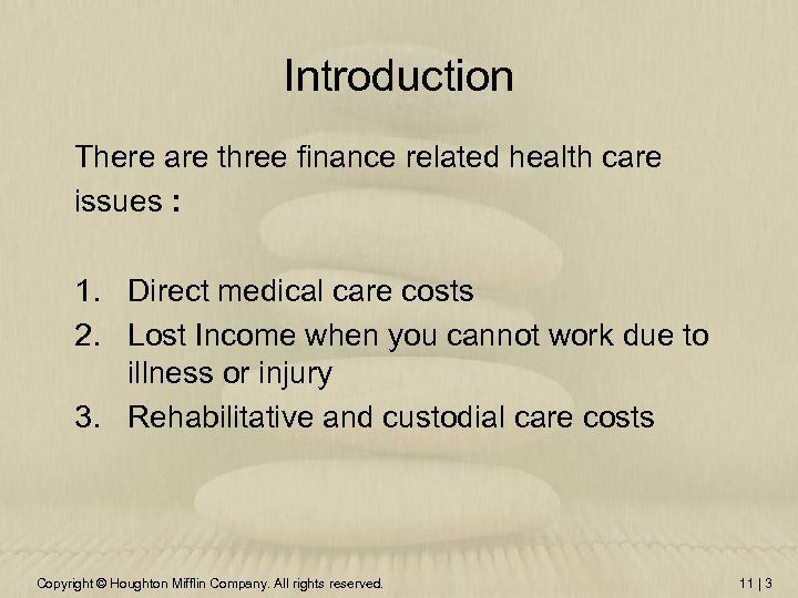 Introduction There are three finance related health care issues : 1. Direct medical care