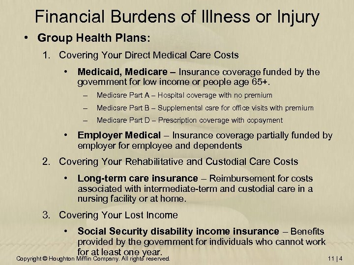 Financial Burdens of Illness or Injury • Group Health Plans: 1. Covering Your Direct