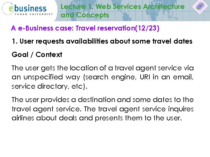 Lecture 1. Web Services Architecture and Concepts A e-Business case: Travel reservation(12/23) 1. User