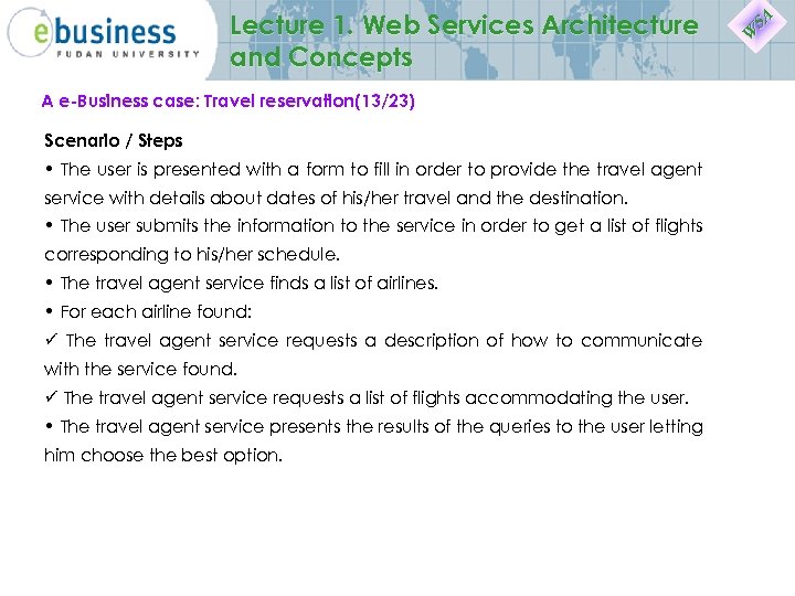 Lecture 1. Web Services Architecture and Concepts A e-Business case: Travel reservation(13/23) Scenario /