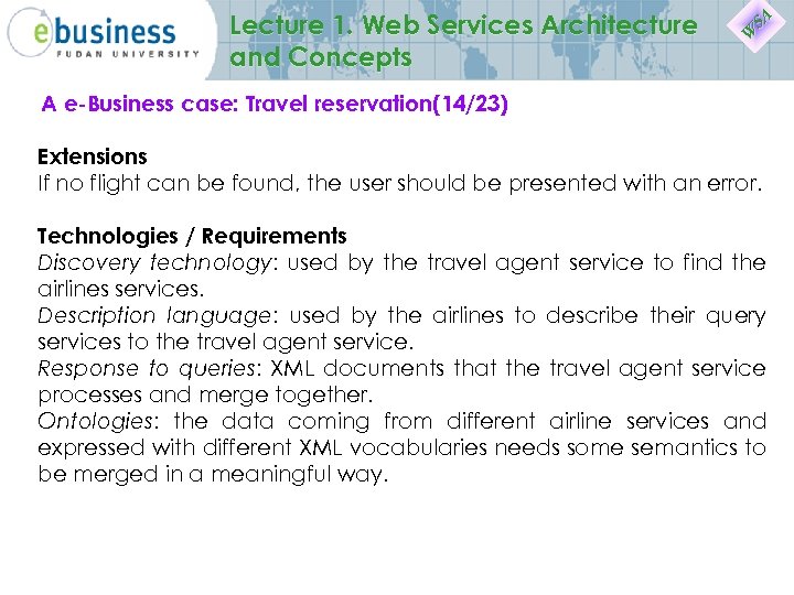 Lecture 1. Web Services Architecture and Concepts SA W A e-Business case: Travel reservation(14/23)