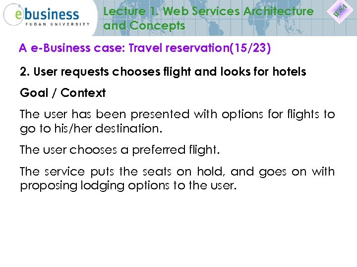 Lecture 1. Web Services Architecture and Concepts A e-Business case: Travel reservation(15/23) 2. User