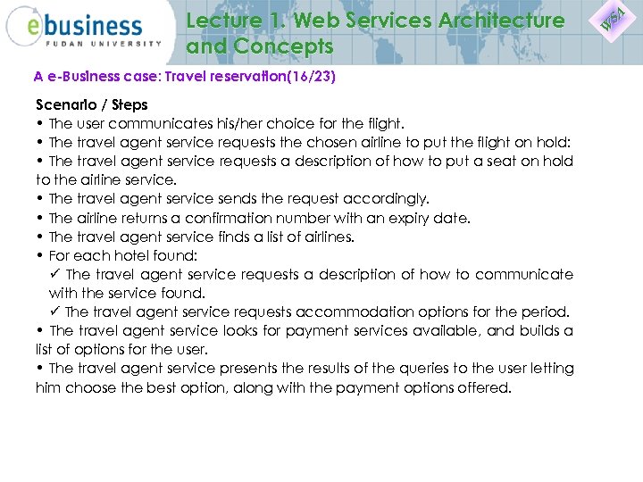Lecture 1. Web Services Architecture and Concepts A e-Business case: Travel reservation(16/23) Scenario /