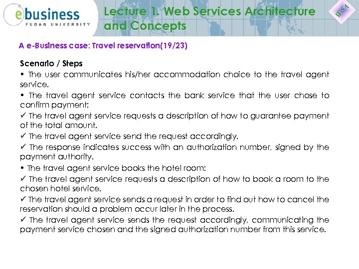 Lecture 1. Web Services Architecture and Concepts A e-Business case: Travel reservation(19/23) Scenario /