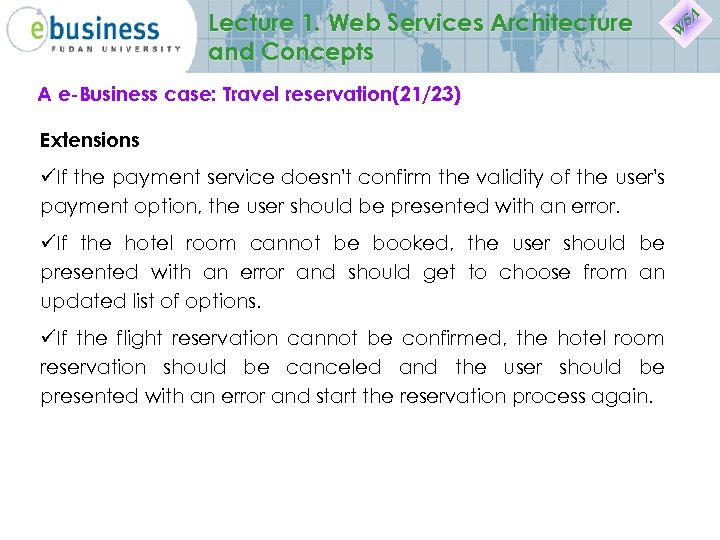 Lecture 1. Web Services Architecture and Concepts A e-Business case: Travel reservation(21/23) Extensions üIf