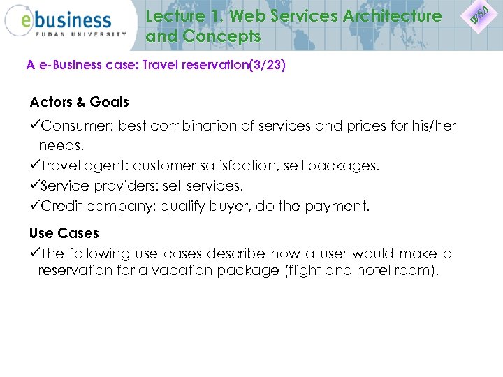Lecture 1. Web Services Architecture and Concepts A e-Business case: Travel reservation(3/23) Actors &