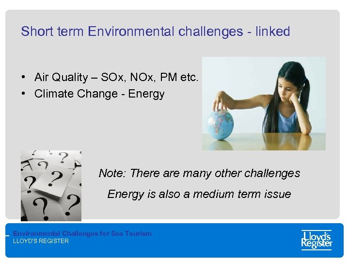 Short term Environmental challenges - linked • Air Quality – SOx, NOx, PM etc.