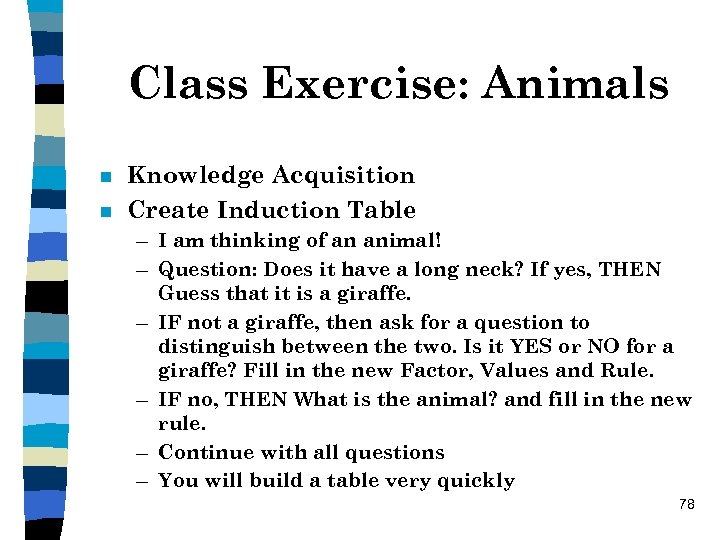 Class Exercise: Animals n n Knowledge Acquisition Create Induction Table – I am thinking