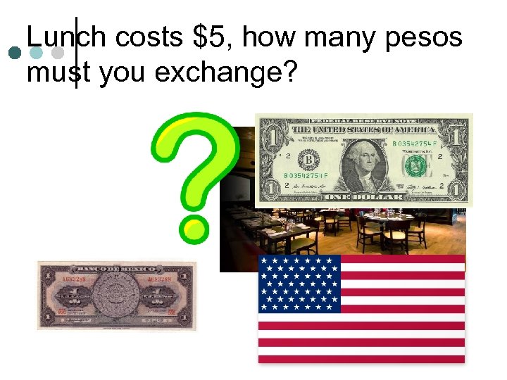 Lunch costs $5, how many pesos must you exchange? 