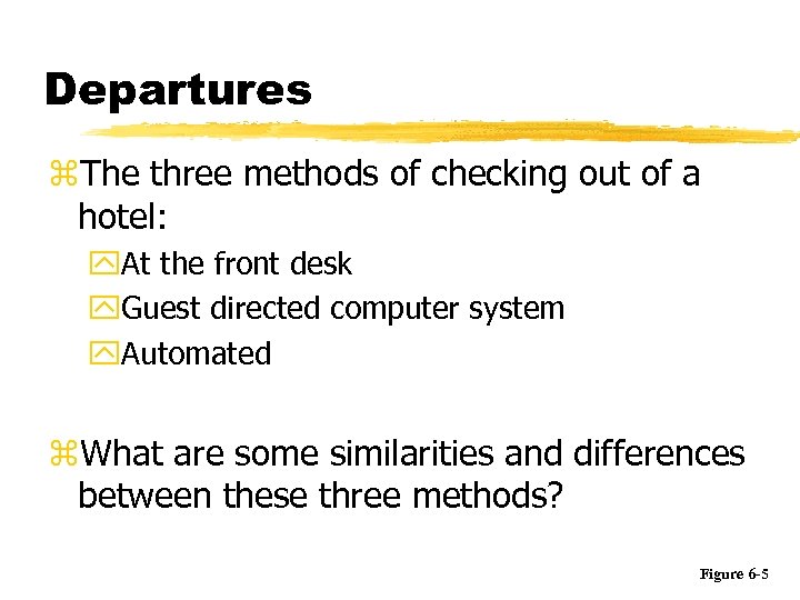 Departures z. The three methods of checking out of a hotel: y. At the