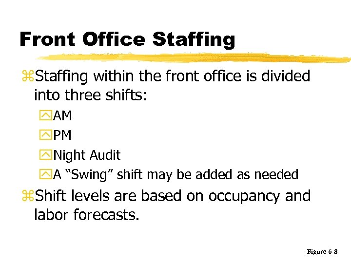 Front Office Staffing z. Staffing within the front office is divided into three shifts: