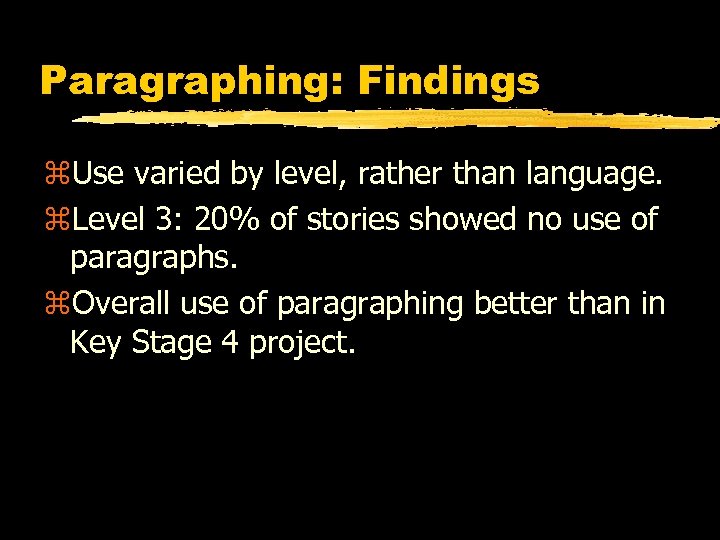 Paragraphing: Findings z. Use varied by level, rather than language. z. Level 3: 20%