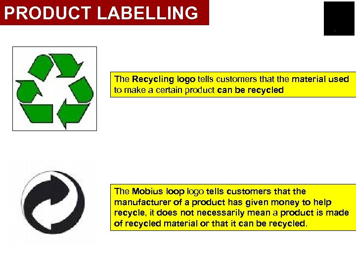 PRODUCT LABELLING The Recycling logo tells customers that the material used to make a