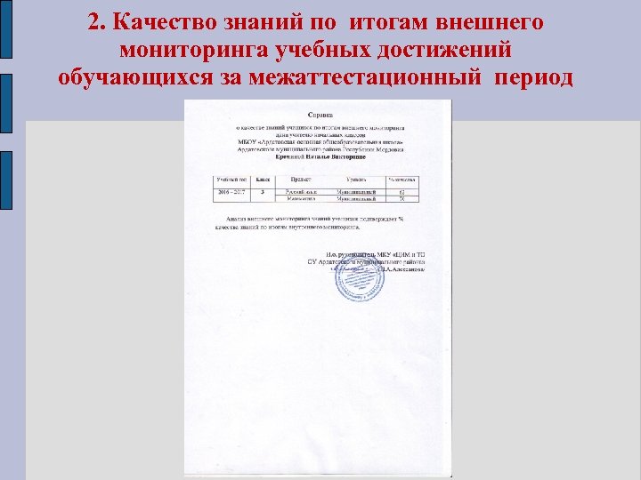 2. Качество знаний по итогам внешнего мониторинга учебных достижений обучающихся за межаттестационный период 