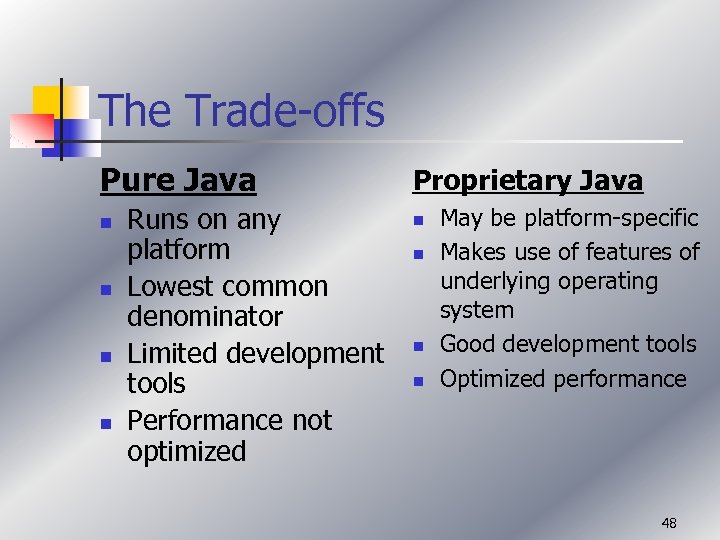 The Trade-offs Pure Java n n Runs on any platform Lowest common denominator Limited