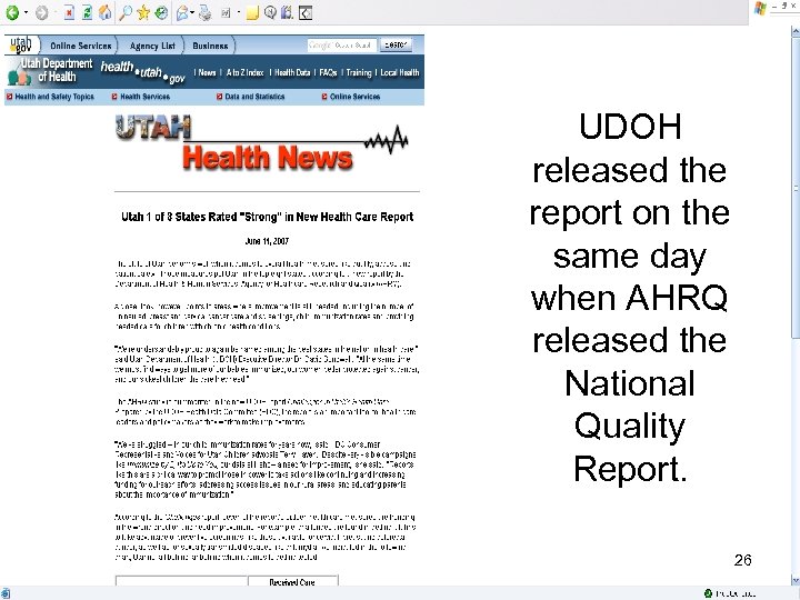 UDOH released the report on the same day when AHRQ released the National Quality