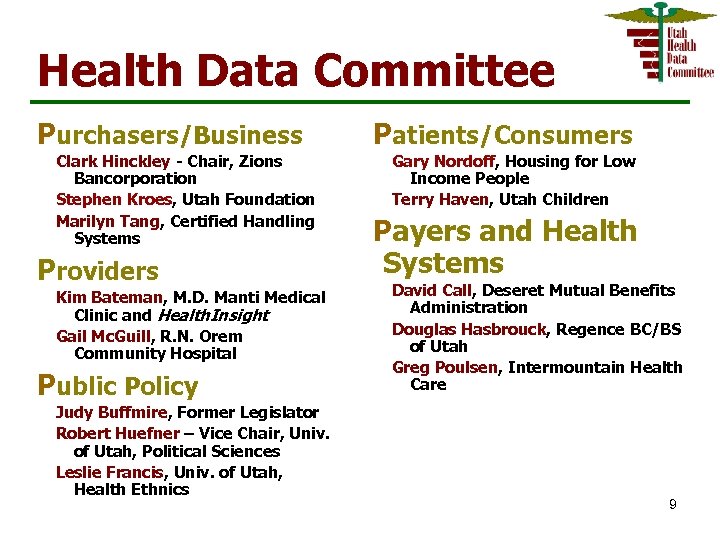 Health Data Committee Purchasers/Business Clark Hinckley - Chair, Zions Bancorporation Stephen Kroes, Utah Foundation