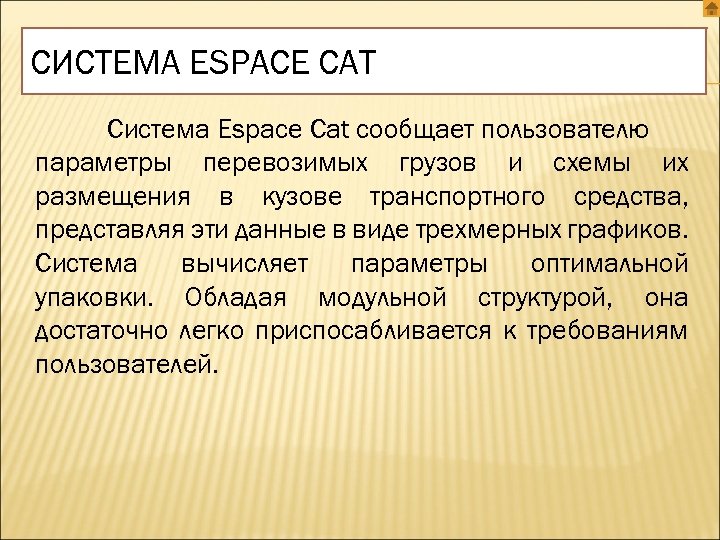 СИСТЕМА ESPACE CAT Система Espace Cat сообщает пользователю параметры перевозимых грузов и схемы их