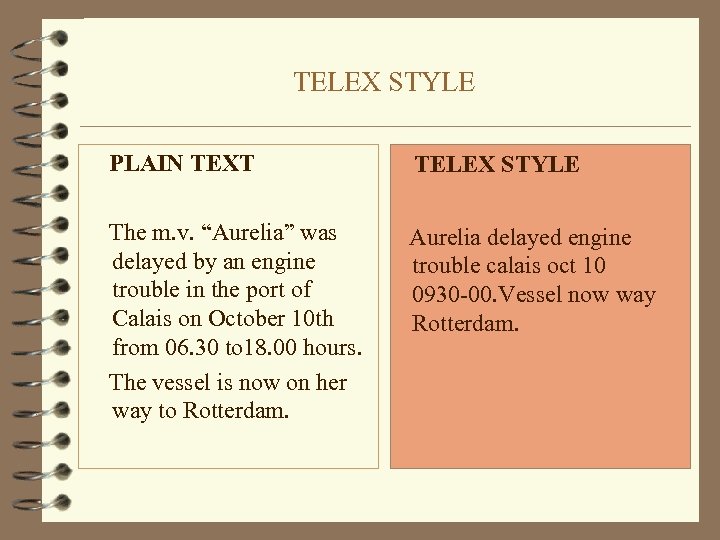 TELEX STYLE PLAIN TEXT The m. v. “Aurelia” was delayed by an engine trouble