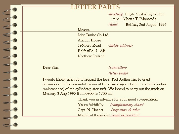 LETTER PARTS /heading/ Elgato Seafaring Co. Inc. m. v. “Alberta T. ”Monrovia /date/ Belfast,