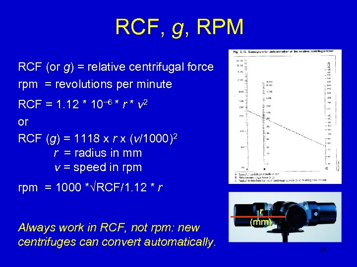 RCF, g, RPM RCF (or g) = relative centrifugal force rpm = revolutions per