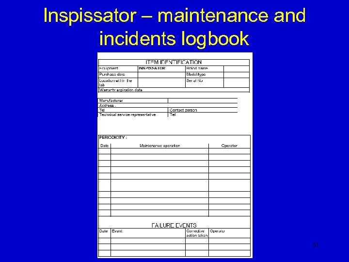 Inspissator – maintenance and incidents logbook 51 