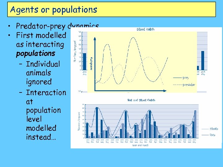 Agents or populations • Predator-prey dynamics… • First modelled as interacting populations – Individual