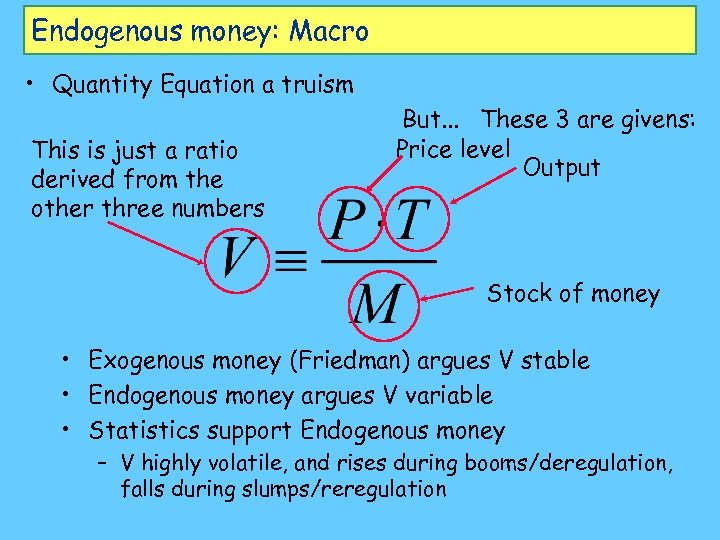 Endogenous money: Macro • Quantity Equation a truism This is just a ratio derived