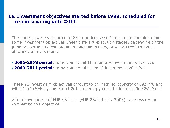 Ia. Investment objectives started before 1989, scheduled for commissioning until 2011 The projects were