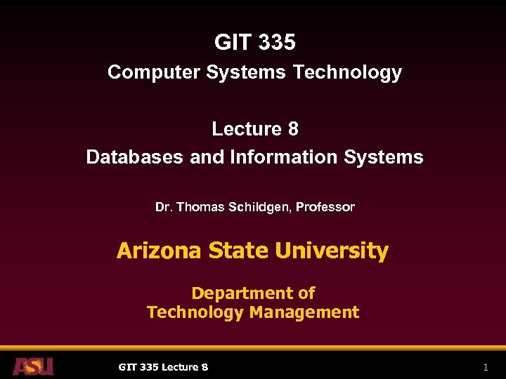 GIT 335 Computer Systems Technology Lecture 8 Databases and Information Systems Dr. Thomas Schildgen,
