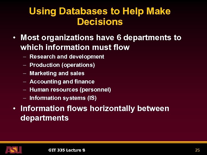 Using Databases to Help Make Decisions • Most organizations have 6 departments to which