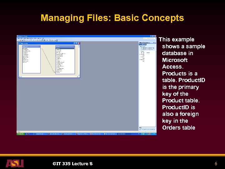 Managing Files: Basic Concepts This example shows a sample database in Microsoft Access. Products