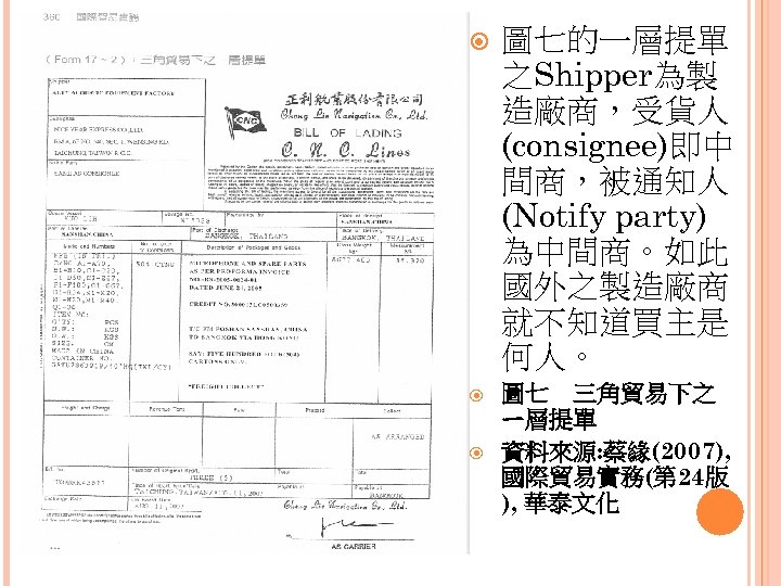  圖七的一層提單 之Shipper為製 造廠商，受貨人 (consignee)即中 間商，被通知人 (Notify party) 為中間商。如此 國外之製造廠商 就不知道買主是 何人。 圖七　三角貿易下之 ㄧ層提單