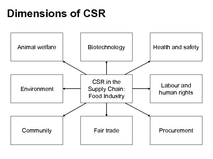 Dimensions of CSR Animal welfare Biotechnology Health and safety Environment CSR in the Supply