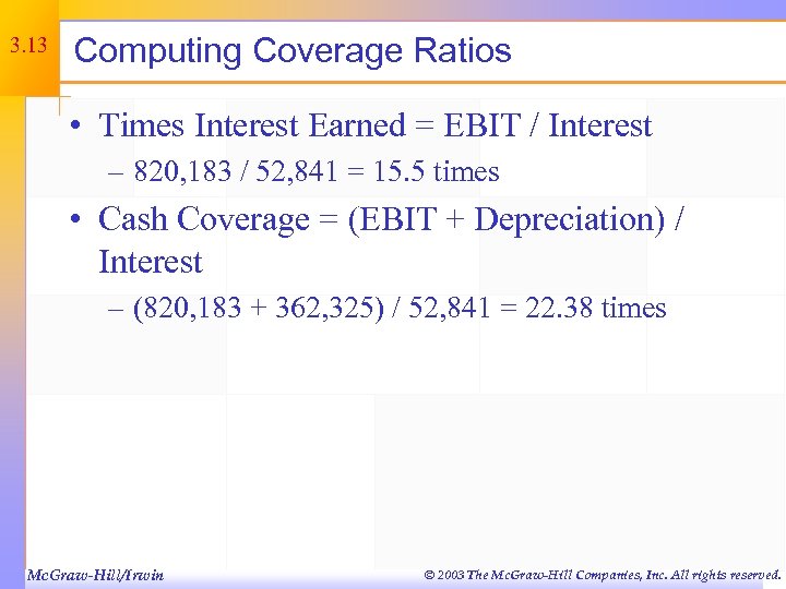 3. 13 Computing Coverage Ratios • Times Interest Earned = EBIT / Interest –