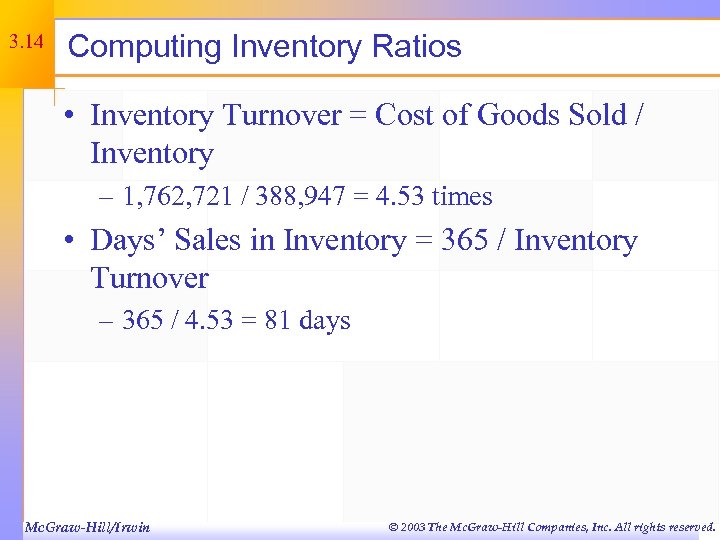 3. 14 Computing Inventory Ratios • Inventory Turnover = Cost of Goods Sold /