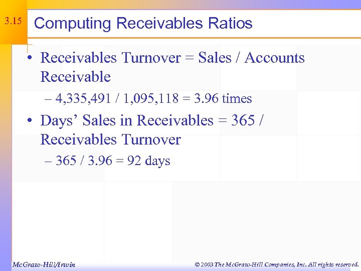 3. 15 Computing Receivables Ratios • Receivables Turnover = Sales / Accounts Receivable –