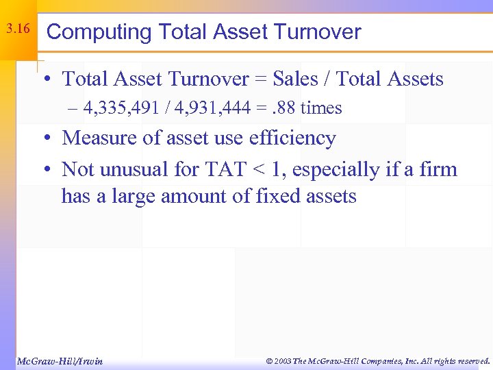 3. 16 Computing Total Asset Turnover • Total Asset Turnover = Sales / Total