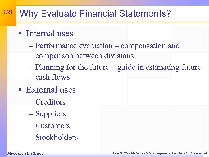 3. 21 Why Evaluate Financial Statements? • Internal uses – Performance evaluation – compensation